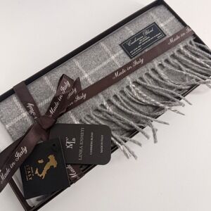 Linea Emmett Cashmere Wool Blend Scarf Windowpane Grey Made in Italy 12x71 NIB